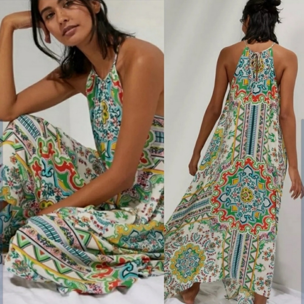 ANTHROPOLOGIE Ella Halter Tunic Dress Boho Handkerchief Resort Maxi M/L